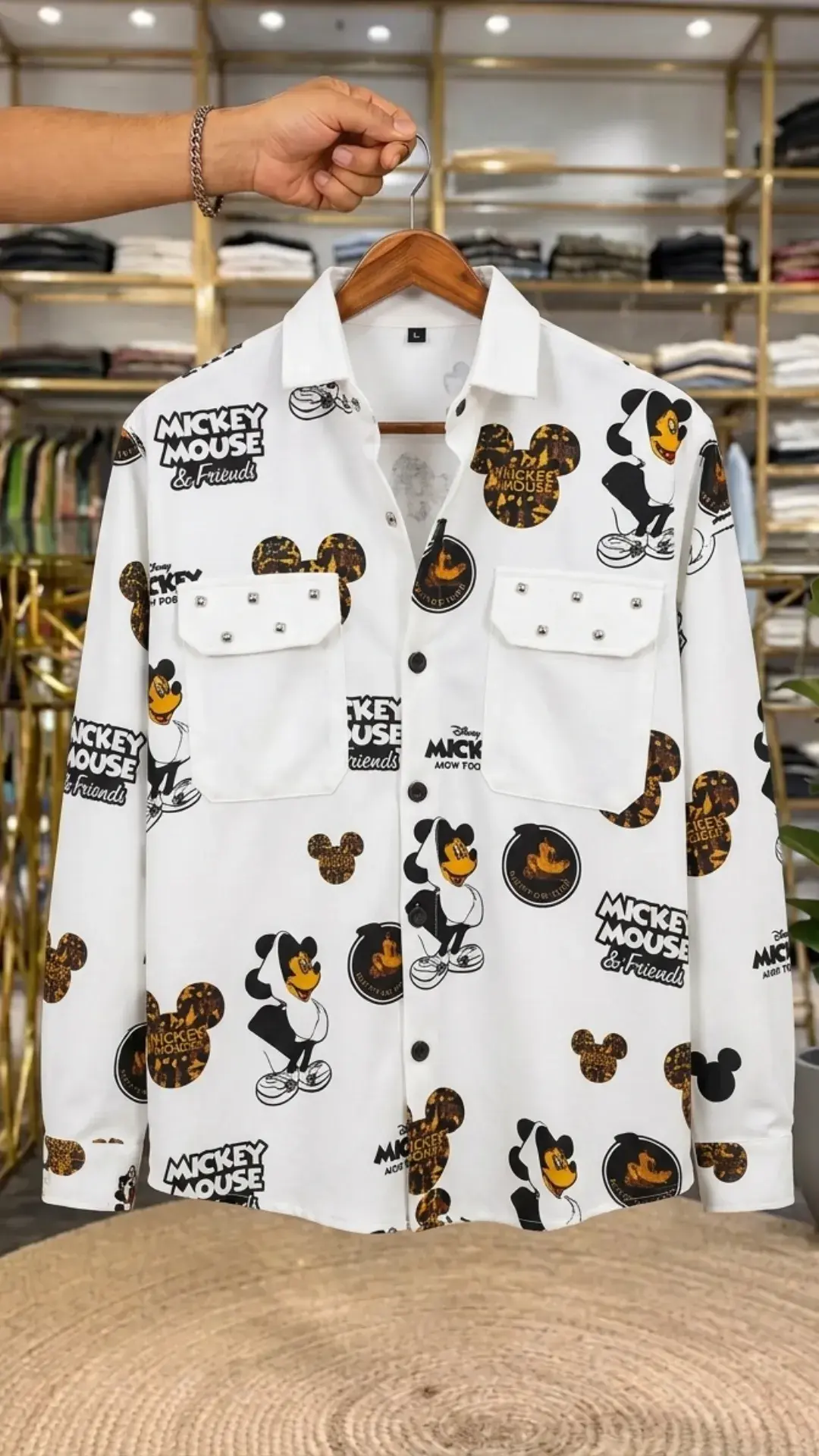 Men's White Mickey Mouse Cartoon Printed Shirt